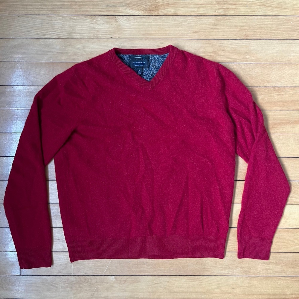Nordstrom Mens Shop 100% Cashmere V-Neck Sweater Red Size Large L Luxury Knit